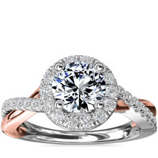Anillo de compromiso de diamantes con halo torcido en dos tonos en oro blanco y rosado de 14k (3/8 qt. total)
